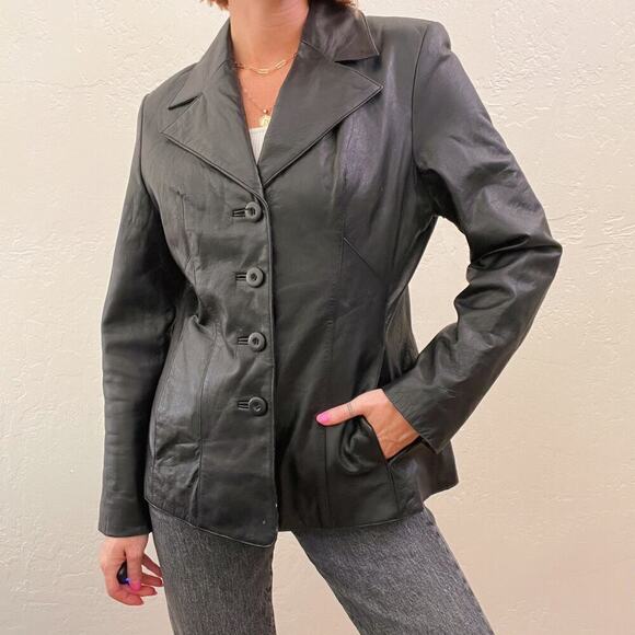 Vintage 1990's Wilson's Leather Black Blazer Style Button Up Jacket - Picture 3 of 5